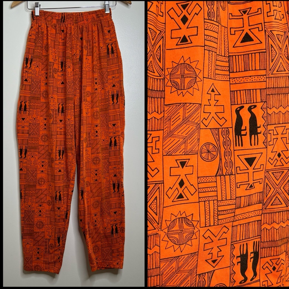 VTG Michael Carrie Egyptian Print Pull on Pants Orange Black hieroglyphics Large